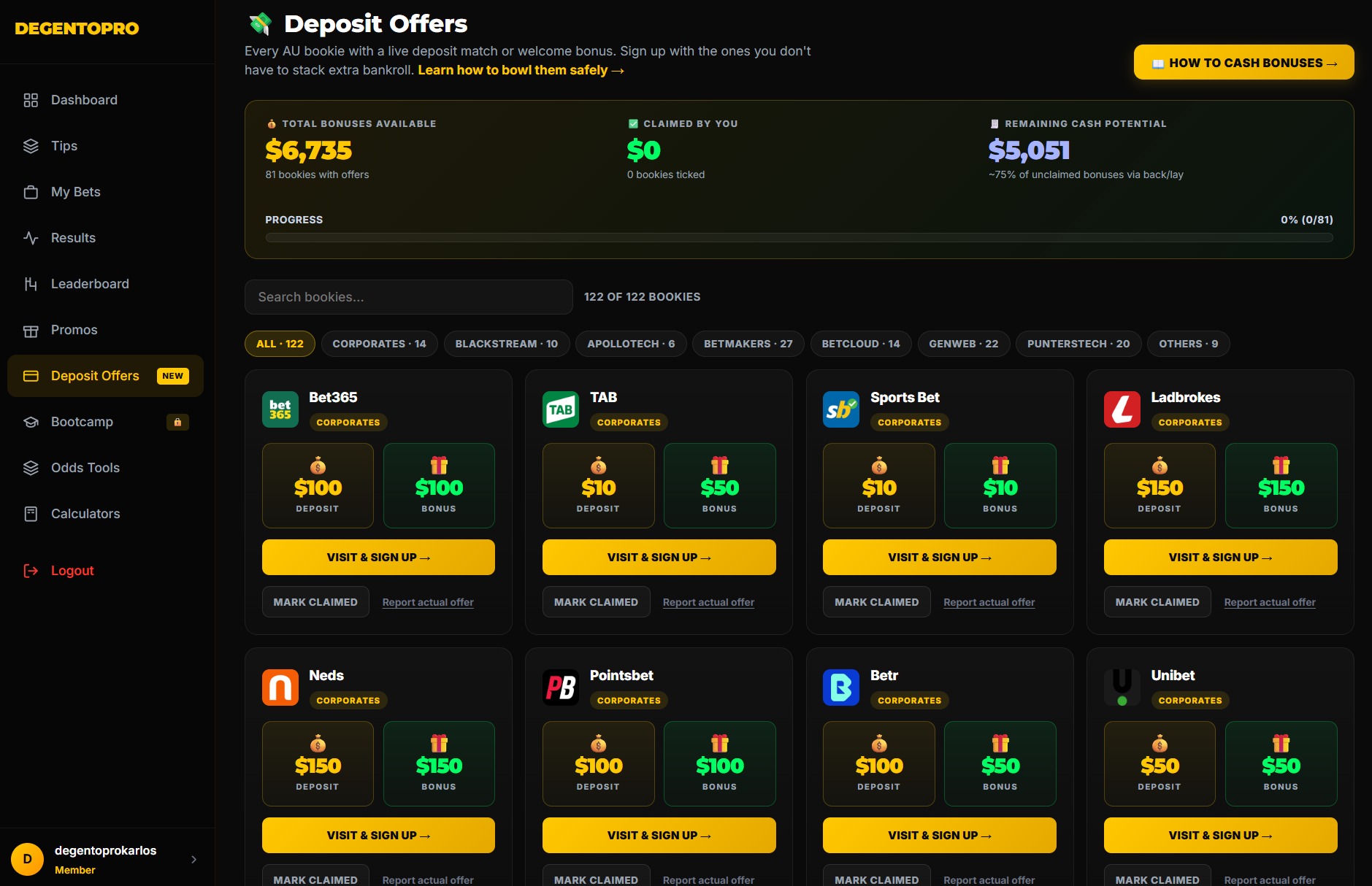 DegenToPro Deposit Offers dashboard