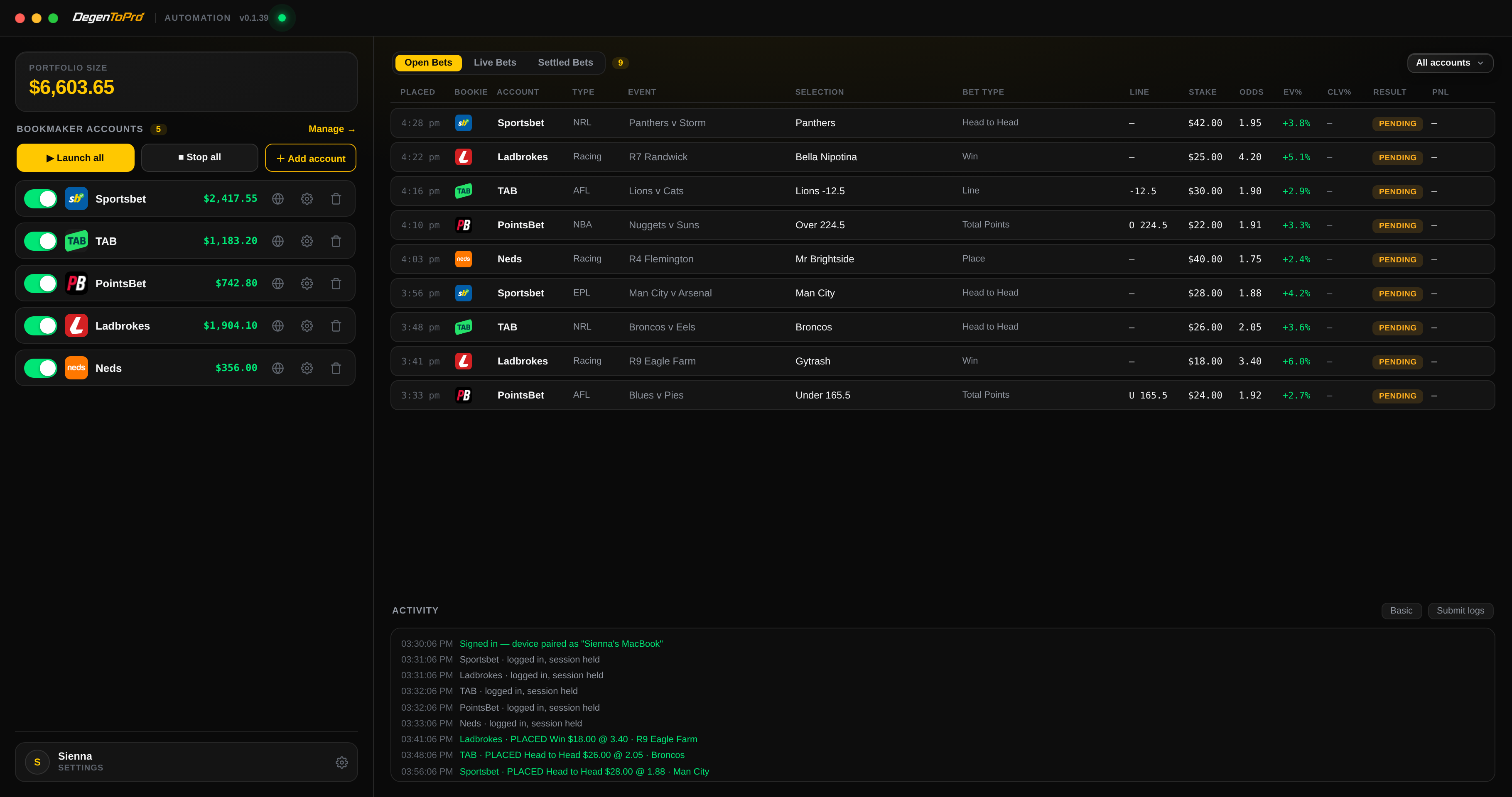 DegenToPro desktop automation app showing bookmaker accounts, open +EV bets and a live activity feed