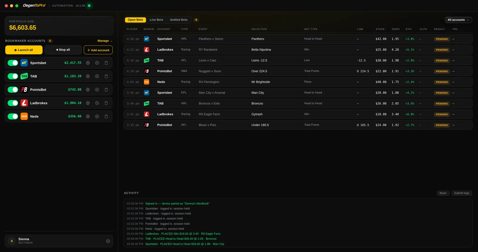 BetPilot: the desktop app running live with five bookmaker accounts armed, and every action logged.