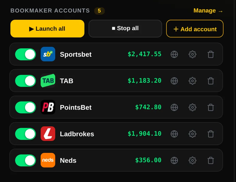 Device-scoped access: accounts connect from your own machine, and any device can be revoked from the dashboard instantly.